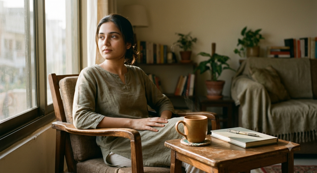 A cozy, minimalist indoor setting. Perhaps a close-up of a steaming mug of tea on a wooden table next to a closed book, with soft afternoon sunlight streaming through a window.