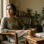 A cozy, minimalist indoor setting. Perhaps a close-up of a steaming mug of tea on a wooden table next to a closed book, with soft afternoon sunlight streaming through a window.